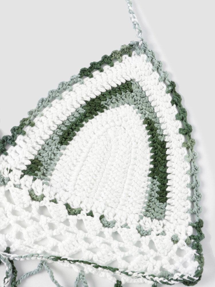 
	Knit Crochet Open Back Halter Tassel Bohemian Crop Top