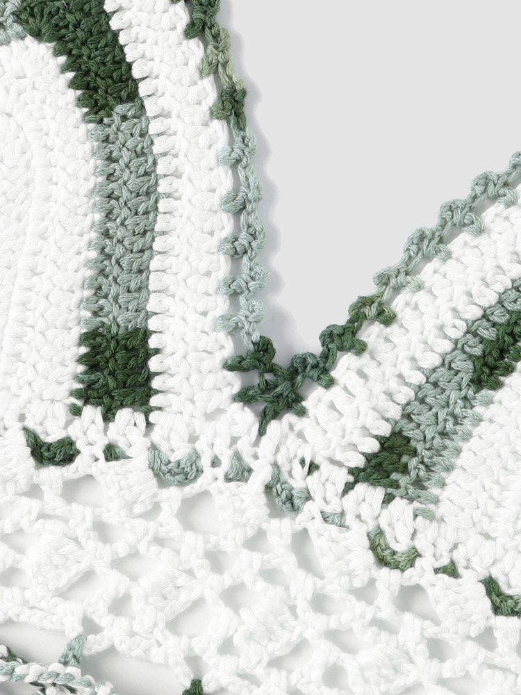 
	Knit Crochet Open Back Halter Tassel Bohemian Crop Top