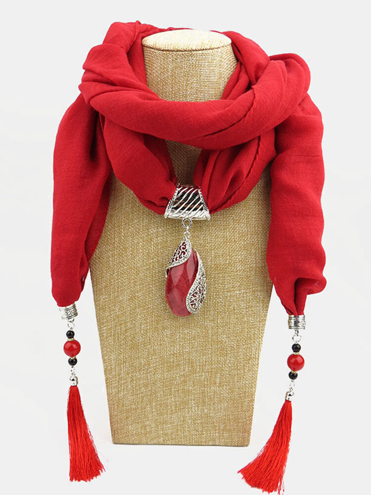 
	Bohemian Drop Shape Gem Pendant Scarf Necklace Women Tassel Multi-layer Necklace