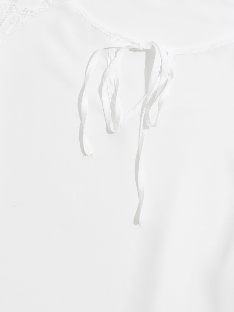 
	Lace Stitch Bell Half Sleeve Tie Crew Neck Blouse