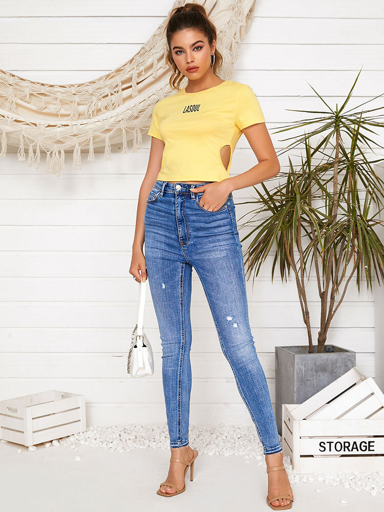 
	Letters Graphic Short Sleeve Hollow Crew Neck T-shirt