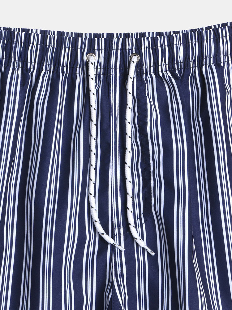 
	Mens Vertical Stripe Breathable Vintage Drawstring Swim Trunks With Mesh Lined