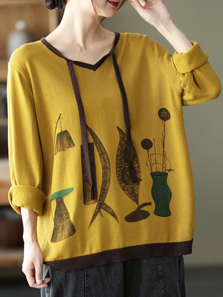 
	Art Illustration Long Sleeve Tie Front Women Sweatshirt