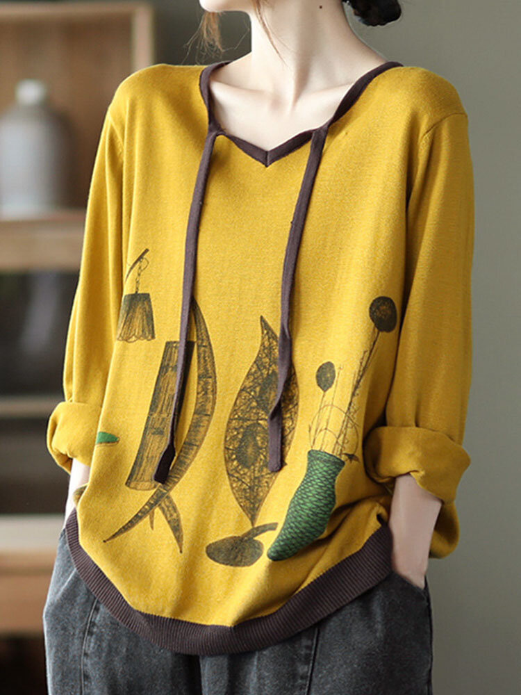 
	Art Illustration Long Sleeve Tie Front Women Sweatshirt