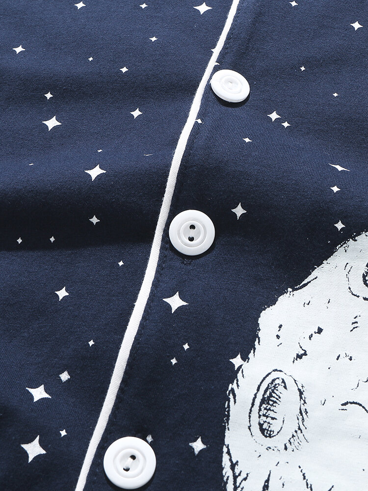 
	Moon Starry Pattern Printing Button Lapel Pajamas Set