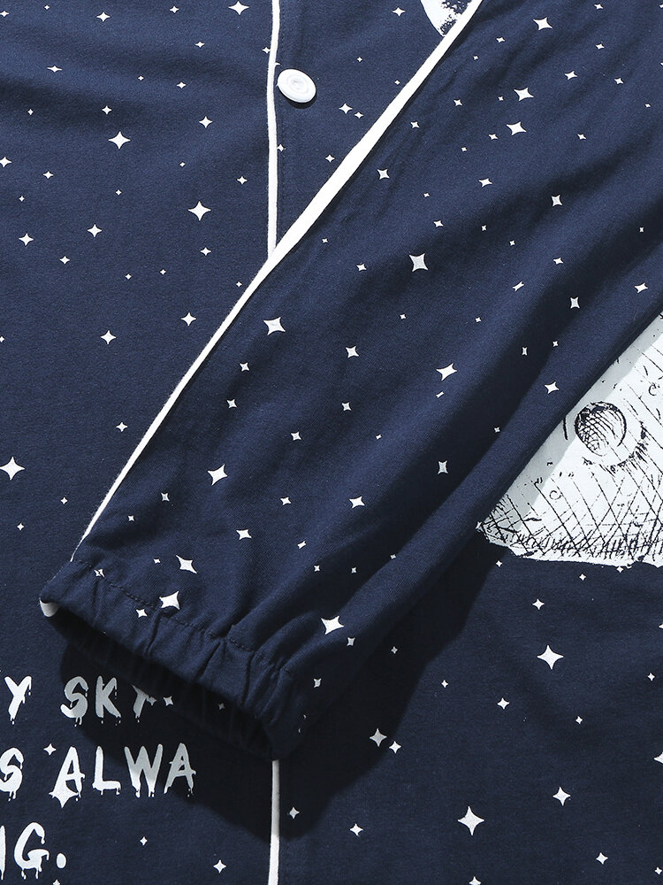 
	Moon Starry Pattern Printing Button Lapel Pajamas Set
