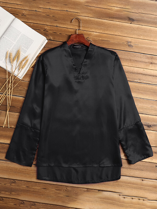 
	Mens Satin Silk Plain Pajamas Shirts Nightwear Long Sleeve V Neck Soft Smooth Sleep Shirts Tee Tops