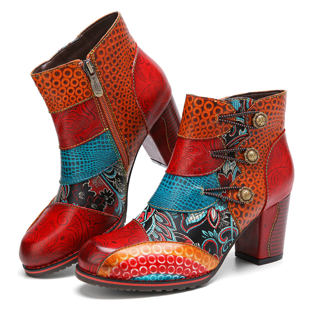 
	SOCOFY Vintage Buckle Genuine Leather Splicing Zipper Ankle Square Heel Boots