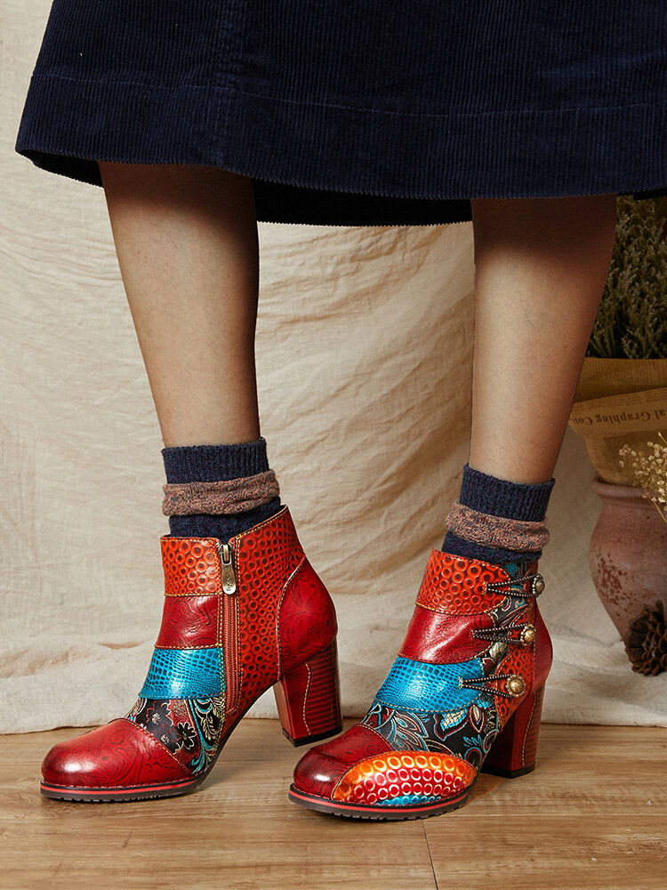 
	SOCOFY Vintage Buckle Genuine Leather Splicing Zipper Ankle Square Heel Boots