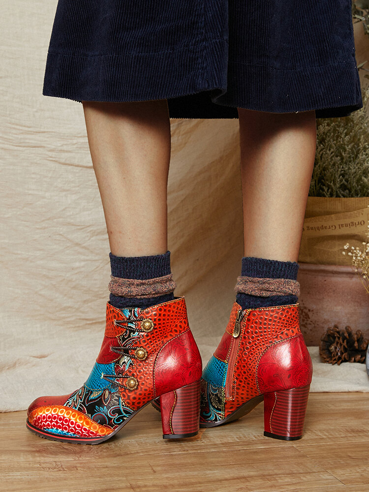 
	SOCOFY Vintage Buckle Genuine Leather Splicing Zipper Ankle Square Heel Boots