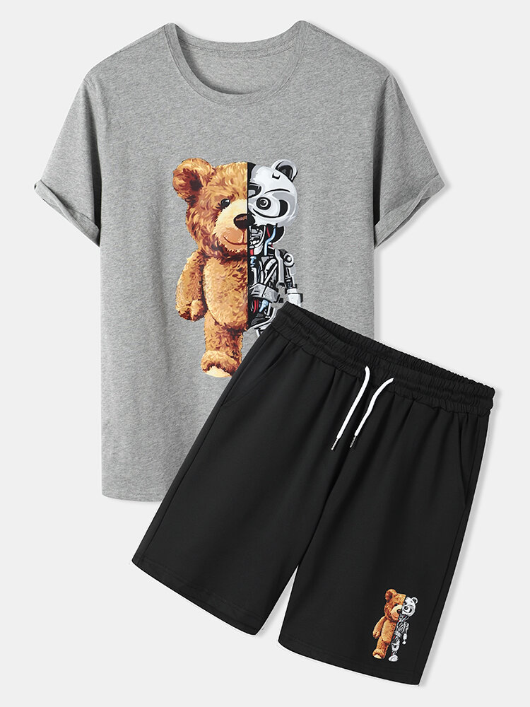 
	Mens Mechanical Bear Print Short Sleeve Drawstring Pocket Two Piece Outfits