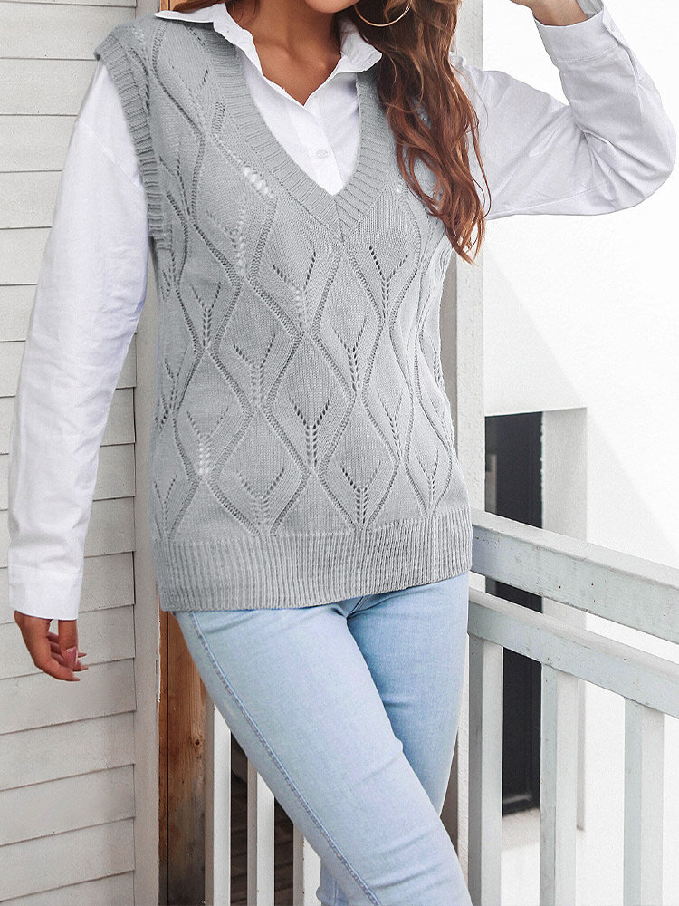 
	Argyle Pattern Knitted Sleeveless V-neck Hollow Solid Sweater