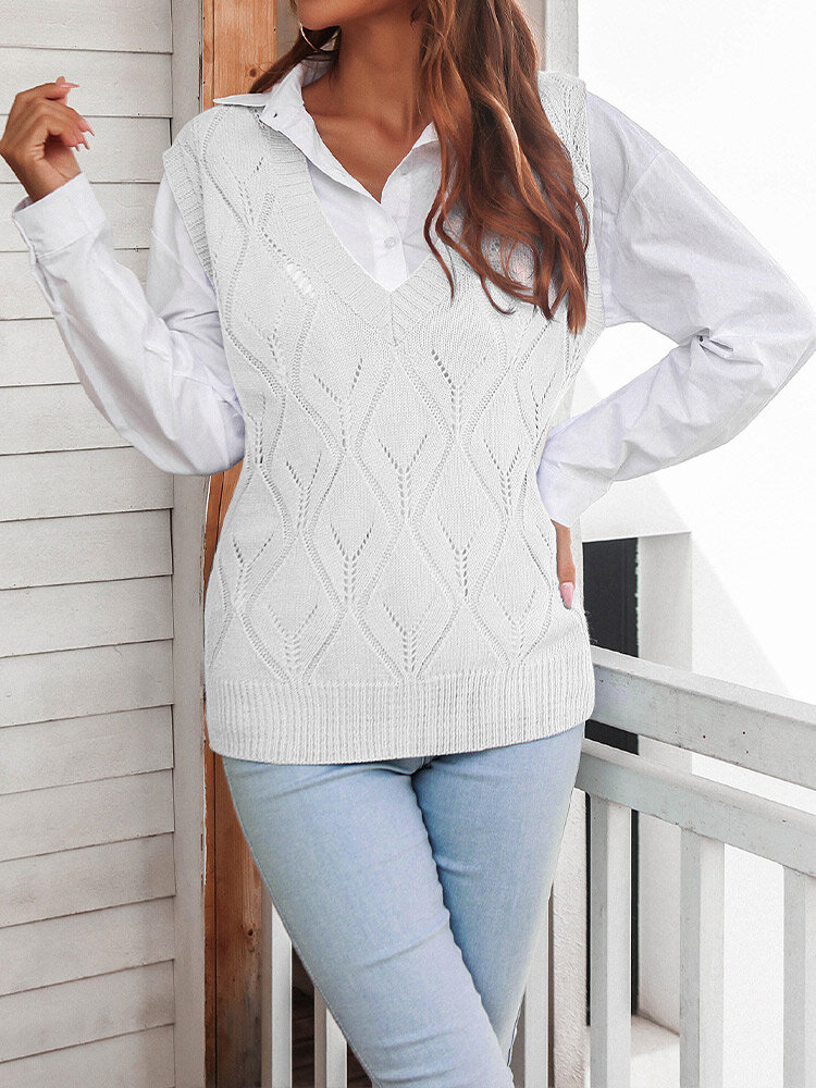 
	Argyle Pattern Knitted Sleeveless V-neck Hollow Solid Sweater