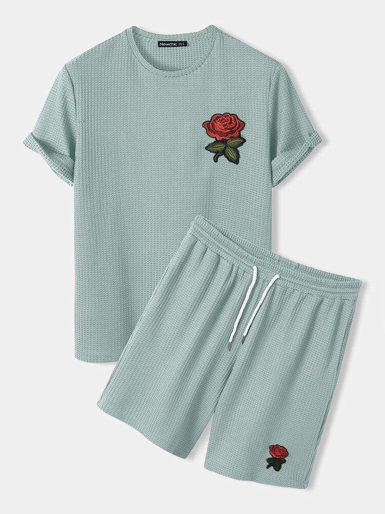 
	Mens Basic Knitted Rose Embroidery Patch Short Sleeve Casual Two Piece Outfits Cozy Loungewear