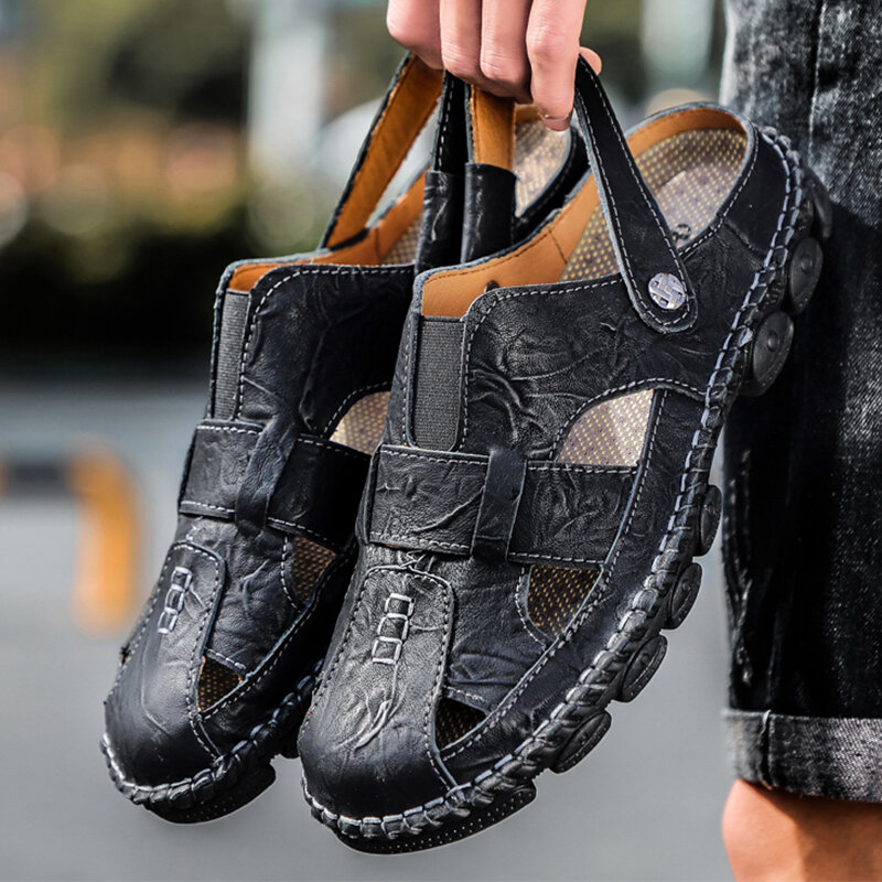 
	Men Cow Leather Hand Stitching Non Slip Outdoor Casual Sandals