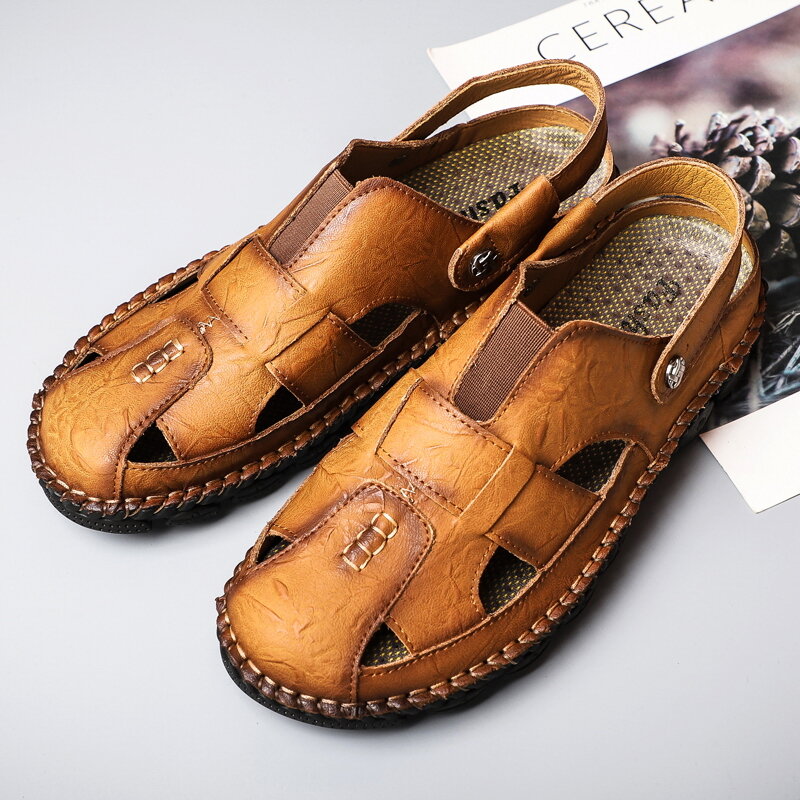 
	Men Cow Leather Hand Stitching Non Slip Outdoor Casual Sandals