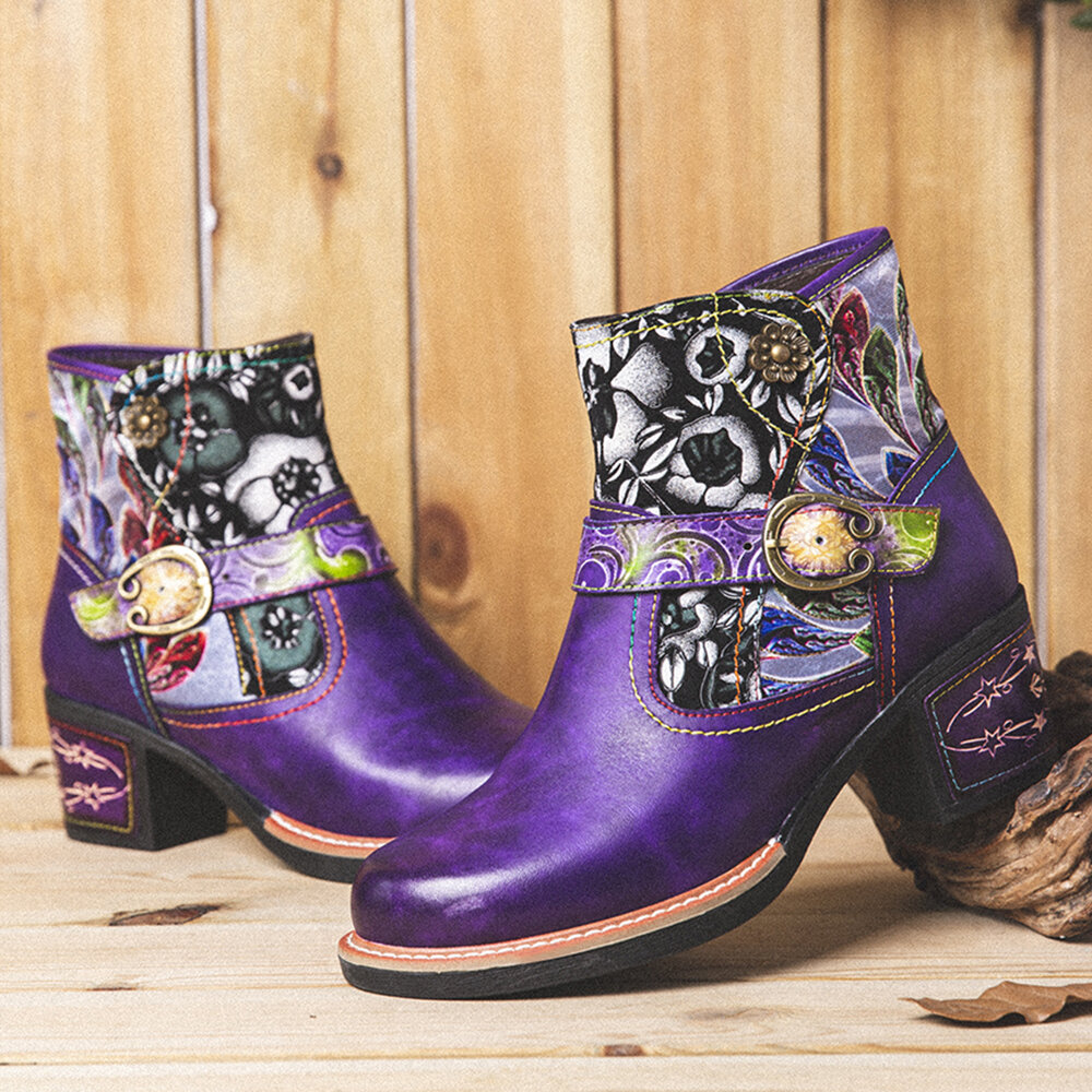 
	SOCOFY Elegant Floral Cloth Splicing Comfy Genuine Leather Wearable Chunky Heel Ankle Boots