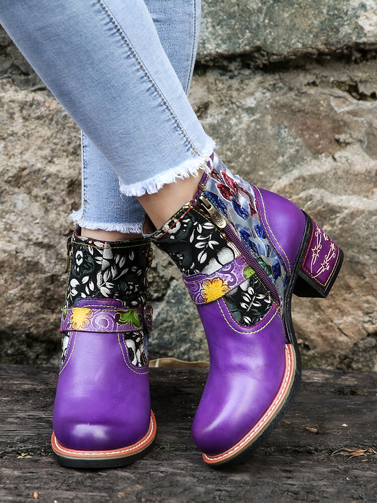 
	SOCOFY Elegant Floral Cloth Splicing Comfy Genuine Leather Wearable Chunky Heel Ankle Boots