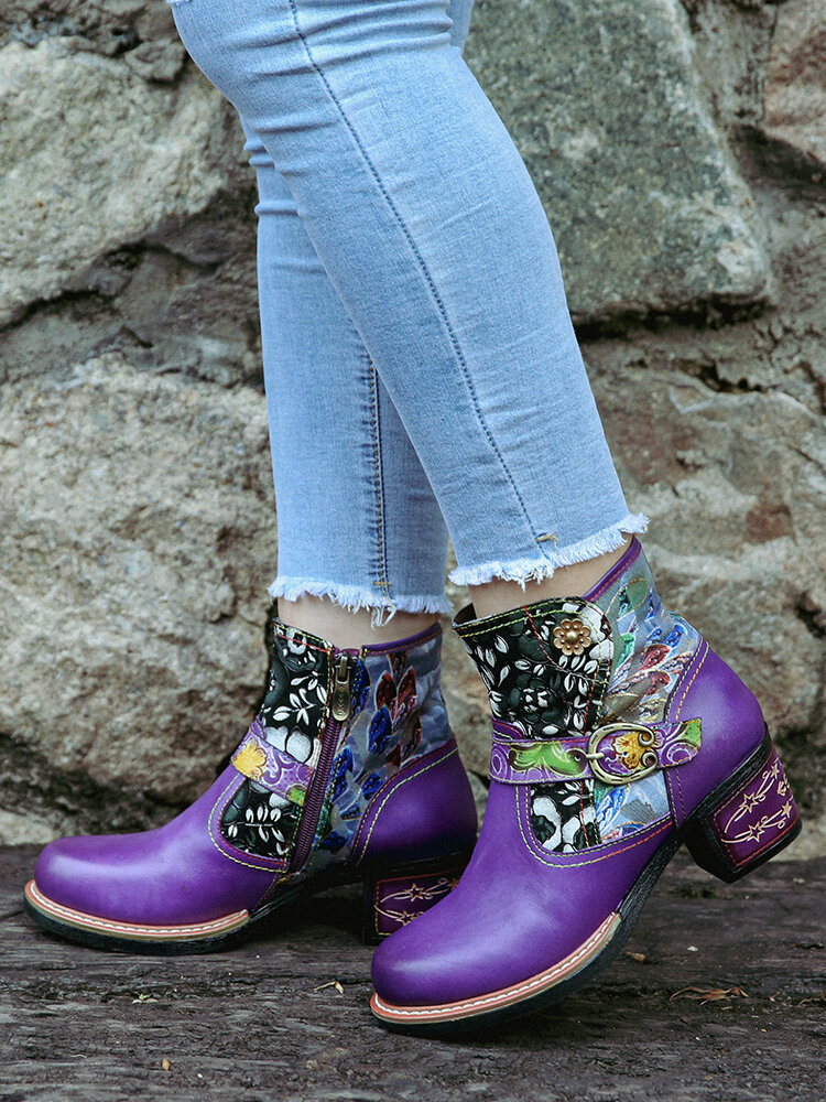 
	SOCOFY Elegant Floral Cloth Splicing Comfy Genuine Leather Wearable Chunky Heel Ankle Boots