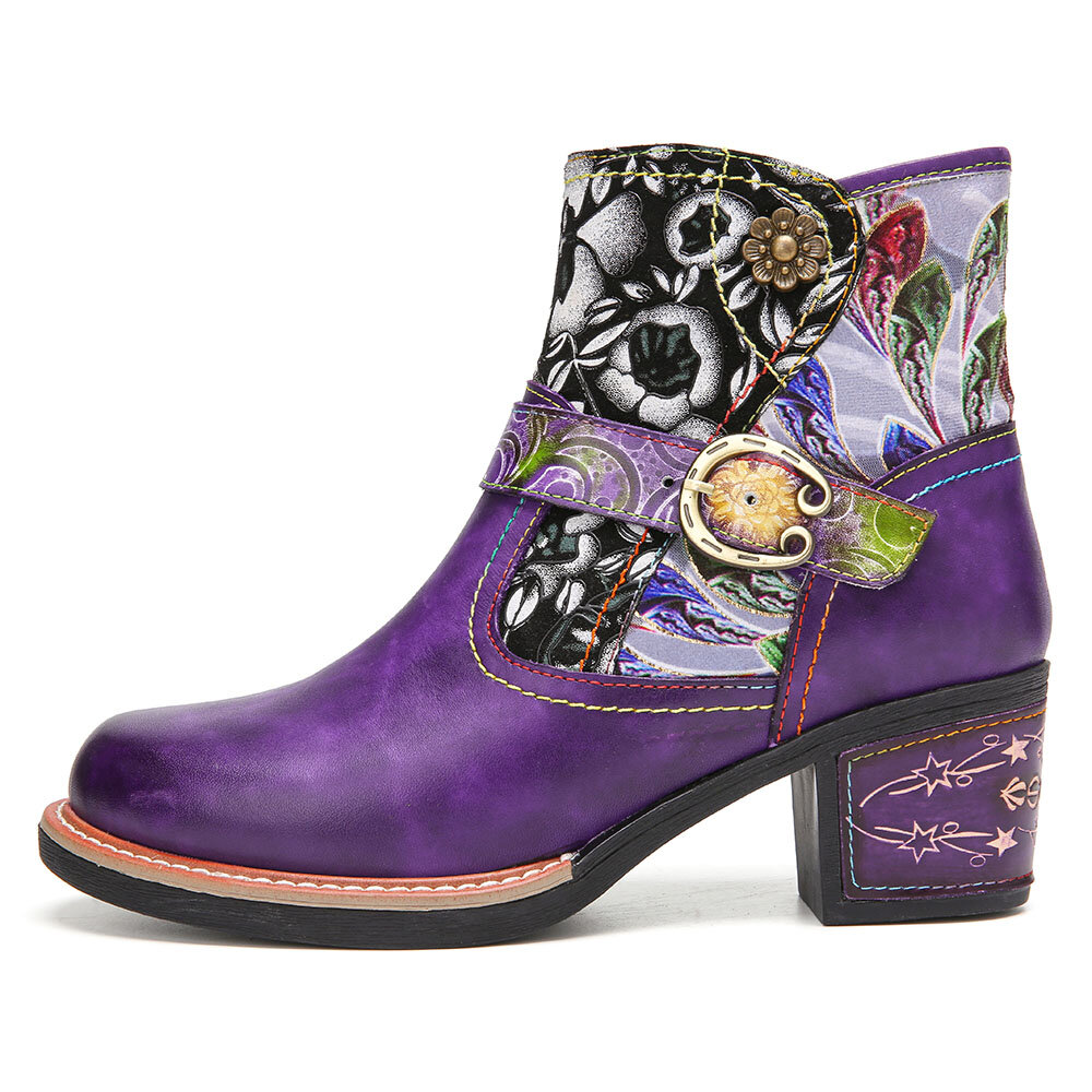 
	SOCOFY Elegant Floral Cloth Splicing Comfy Genuine Leather Wearable Chunky Heel Ankle Boots