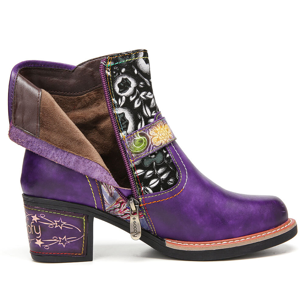 
	SOCOFY Elegant Floral Cloth Splicing Comfy Genuine Leather Wearable Chunky Heel Ankle Boots