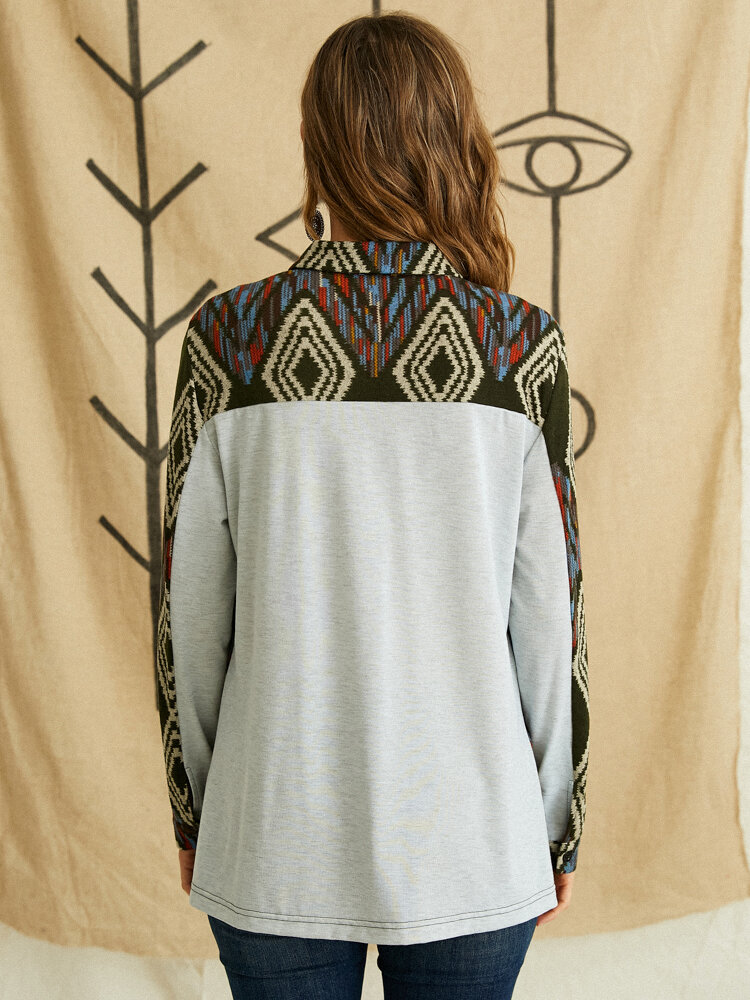 
	Geometric Print Patchwork Lapel Collar Button Ethnic Sweatshirt for Women