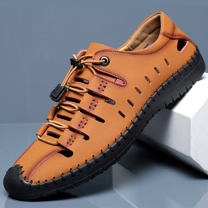
	Men Hand Stitching Leather Non Slip Elastic Lace Casual Sandals