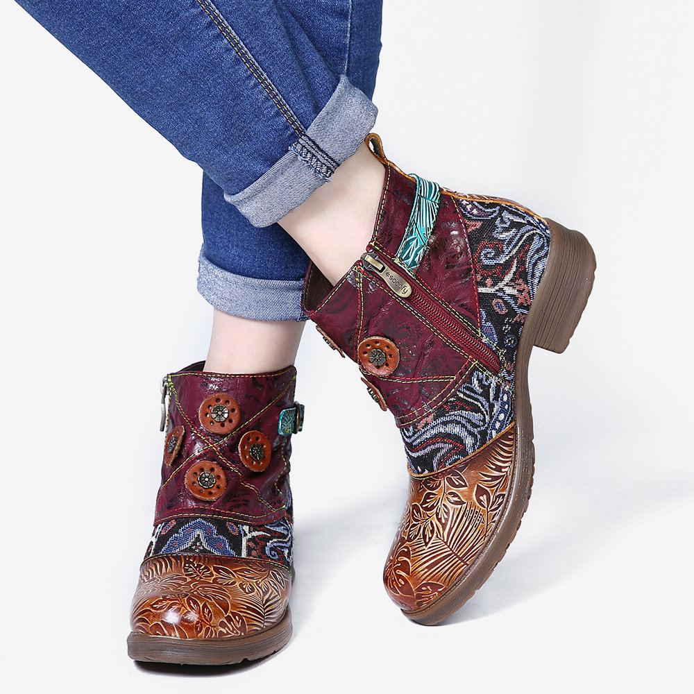 
	SOCOFY Retro Buckle Genuine Leather Splicing Folkways Pattern Flat Soft Short Boots