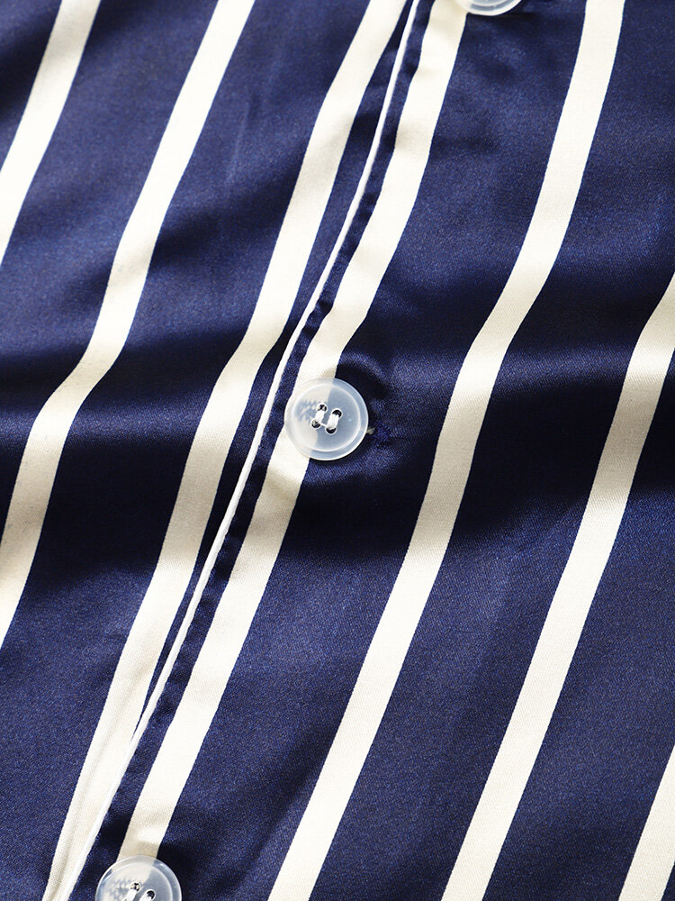 
	Mens Striped Revere Collar Button Up Faux Silk Cozy Pajamas Sets