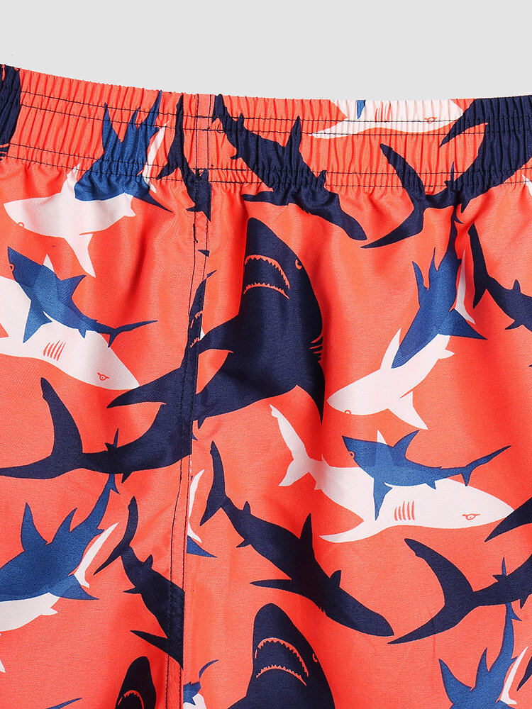 
	Men Cartoon Shark Print Ocean Style Lightweight Thin Seaside Board Shorts