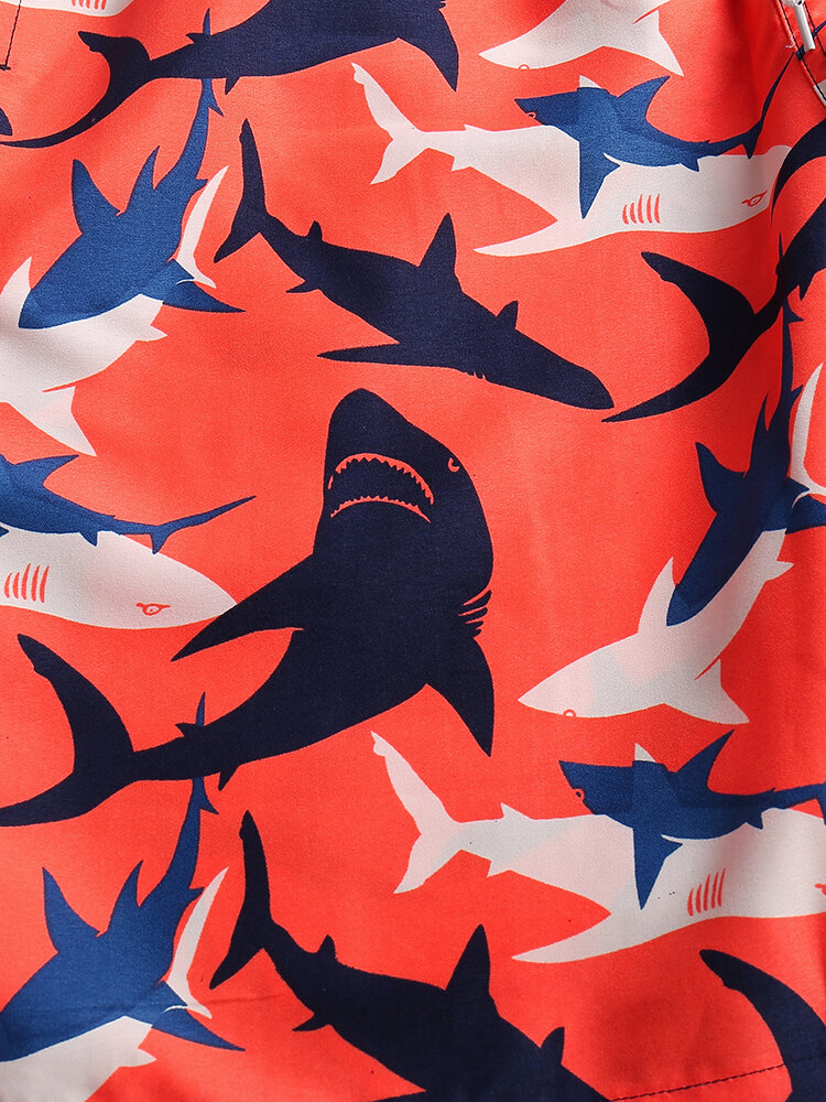 
	Men Cartoon Shark Print Ocean Style Lightweight Thin Seaside Board Shorts