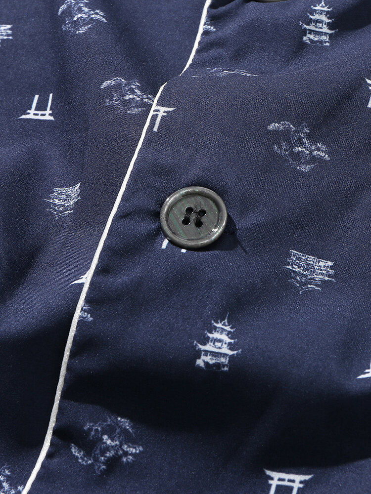 
	Mens Satin Silk Pattern Print Lapel Casual Homewear Pajamas Set