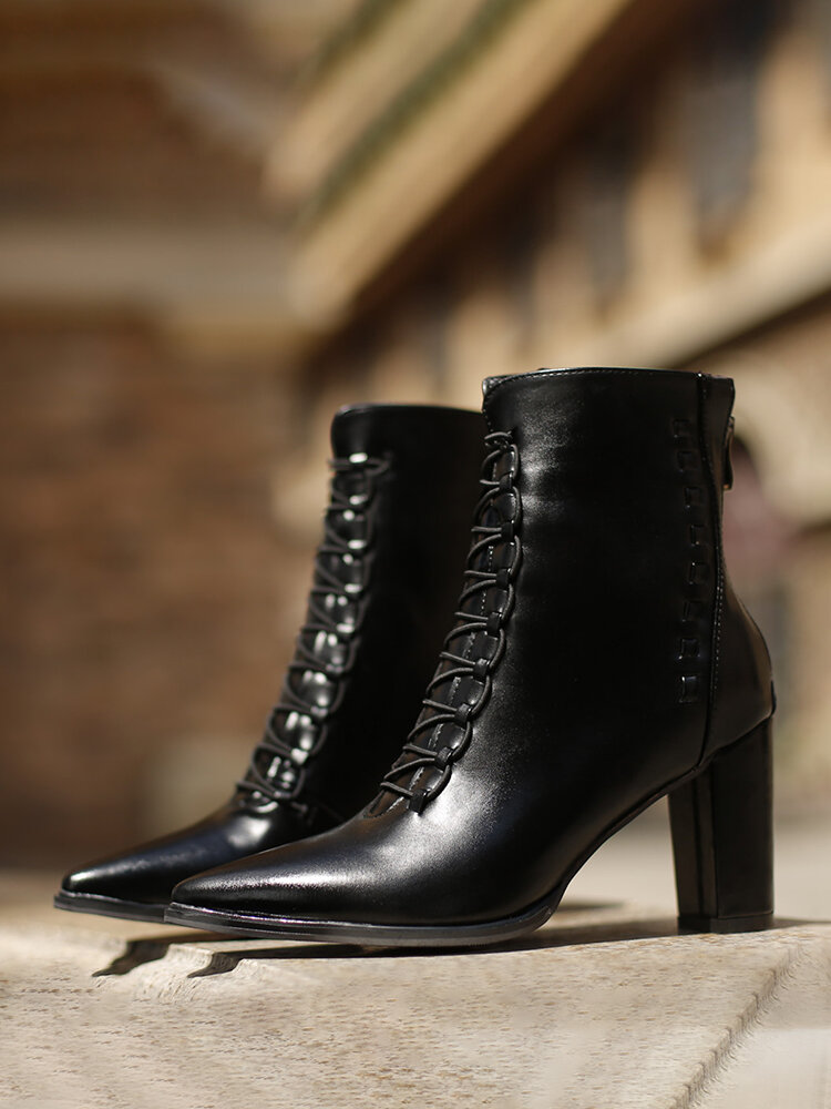 
	Plus Size Women Pointed Toe Lace Up Back Zipper Chunky Heel Short Boots