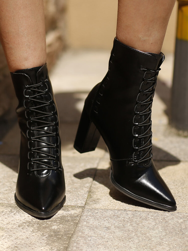 
	Plus Size Women Pointed Toe Lace Up Back Zipper Chunky Heel Short Boots