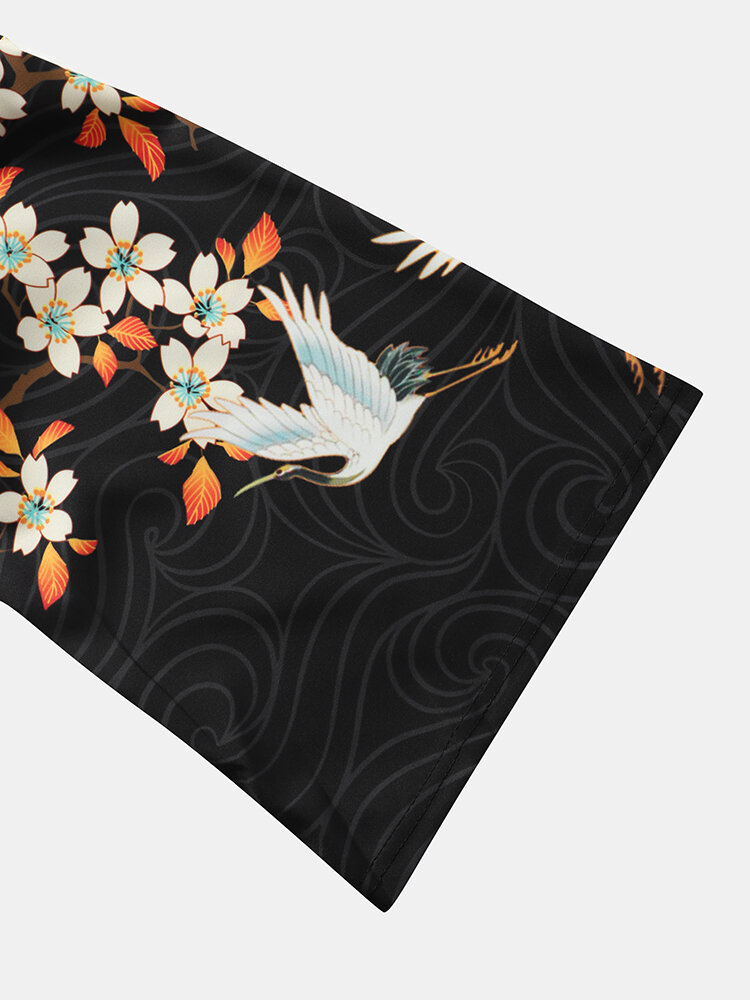 
	Mens Floral Crane Print Open Front Kimono Ethnic Style Two Pieces Outfits