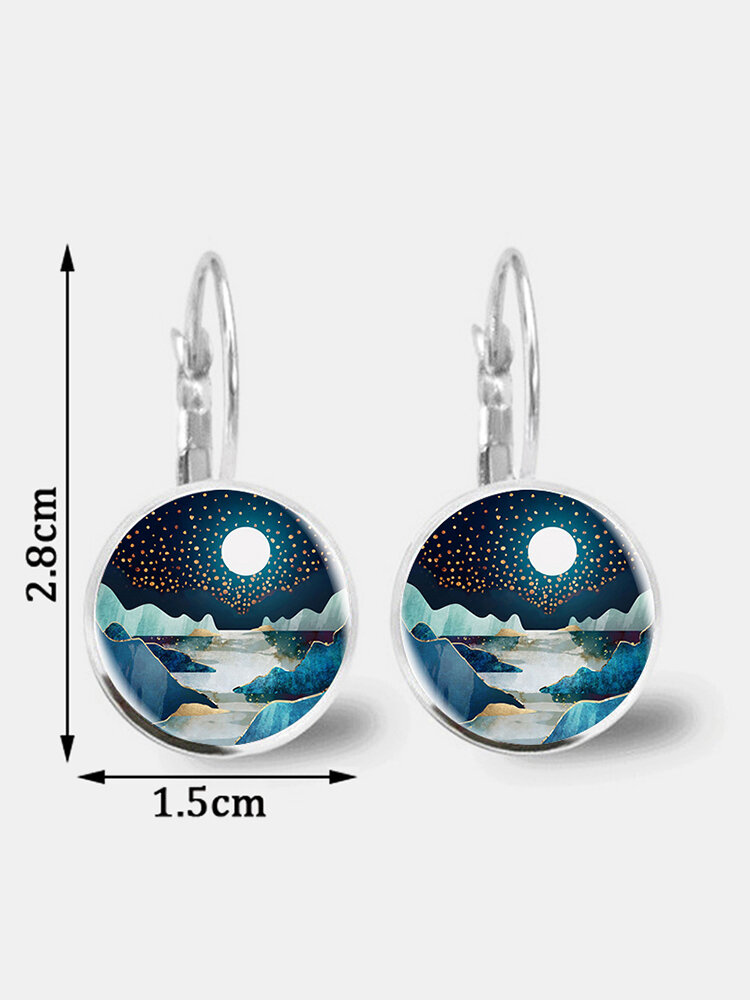 
	Trendy Metal Round Natural Landscape Print Glass Pendant Earrings
