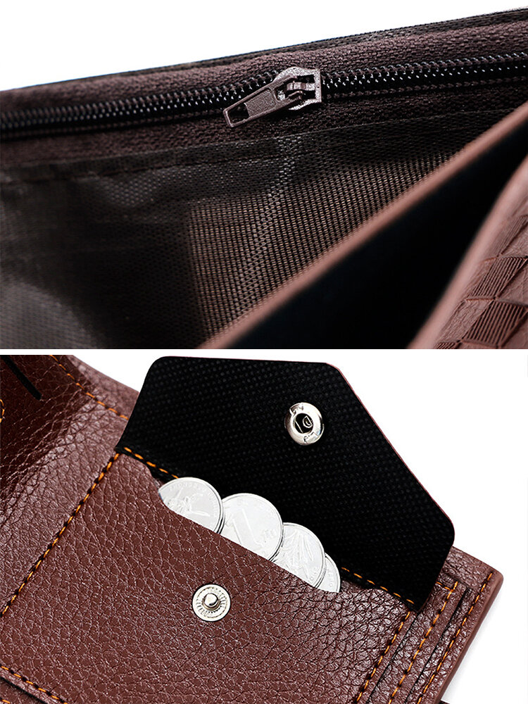 
	Men Artificial Leather Vintage Embrossed Design Brief Short Wallet Magnet Button Interior Zipper Pocket Slim Purse