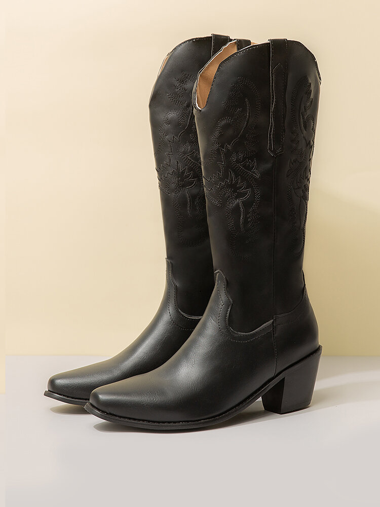 
	Plus Size Retro Women Pattern PU Western Embroidered Chunky Heel Mid-calf Cowboy Boots