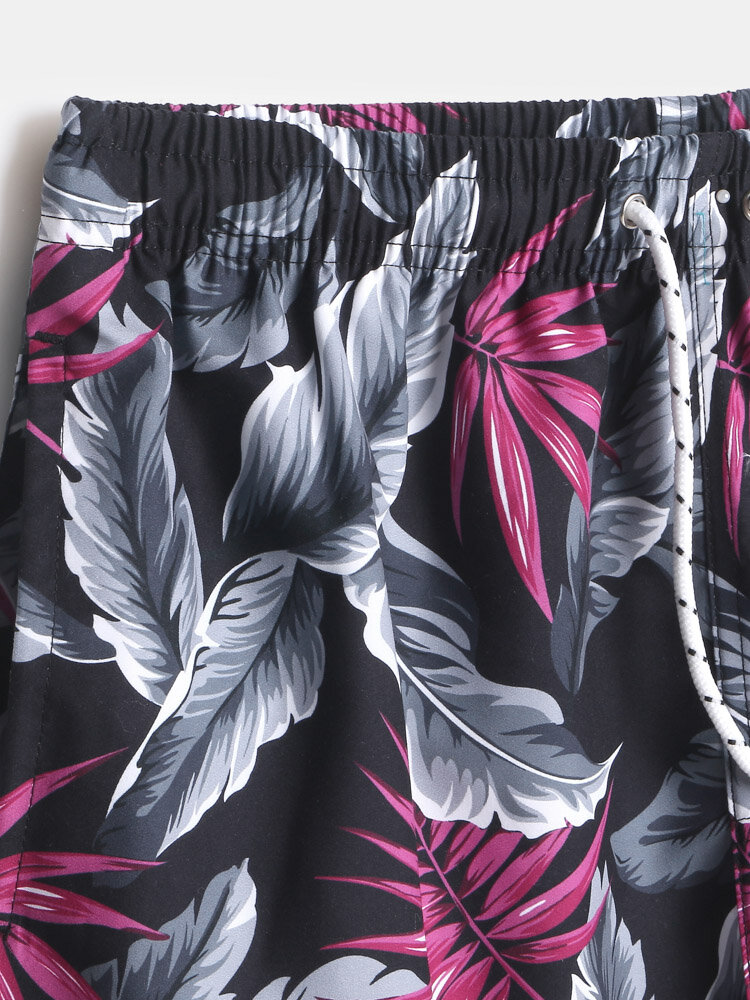 
	Mens Tropical Leaf Print Mesh Liner Drawstring Board Shorts