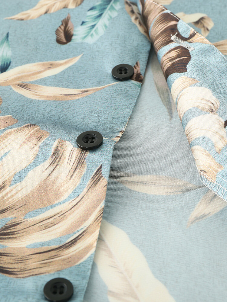 
	Men Tropical Leaves Print Loungewear Two Pieces Faux Silk Pajamas Lapeal Collar Thin Sleepwear