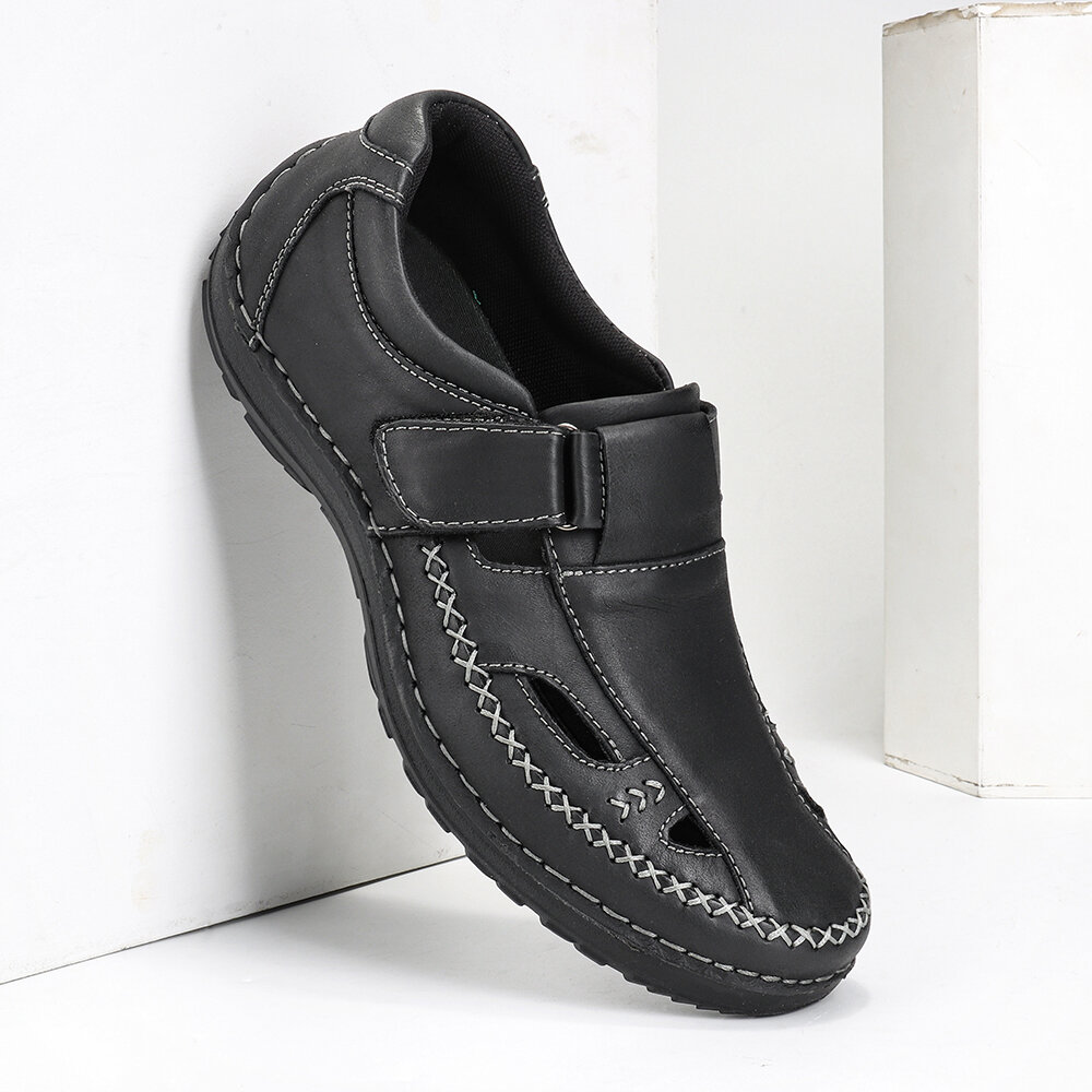 
	Menico Men Retro Leather Stitching Non Slip Hook Loop Casual Sandals