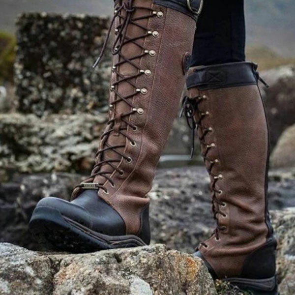 
	Plus Size PU Slip Resistant Stitcing Buckle Strap Lace Up Knee High Flat Boots