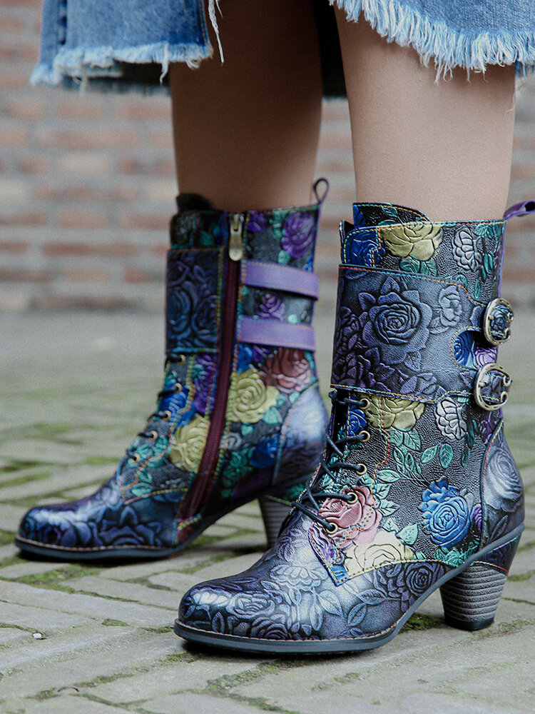 
	SOCOFY Vintage Floral Embossed Genuine Leather Warm Lining Casual Chunky Heel Boots