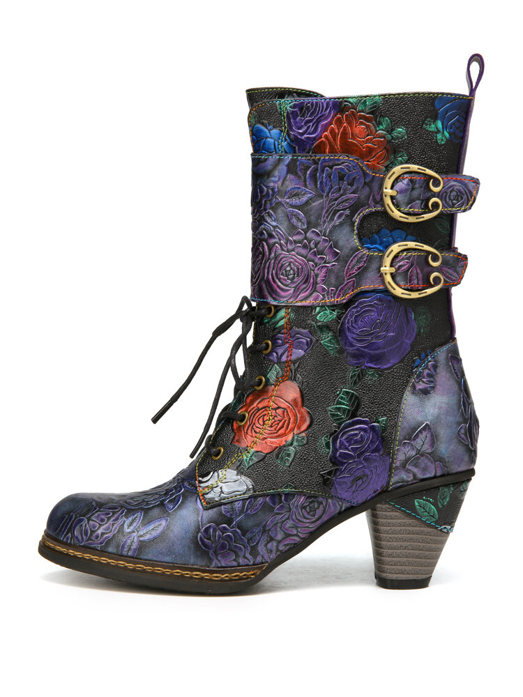 
	SOCOFY Vintage Floral Embossed Genuine Leather Warm Lining Casual Chunky Heel Boots
