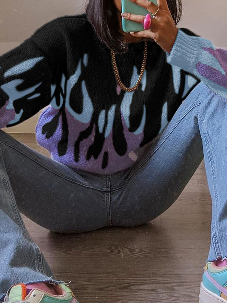 
	Contrast Color Long Sleeve O-neck Loose Knitted Sweater