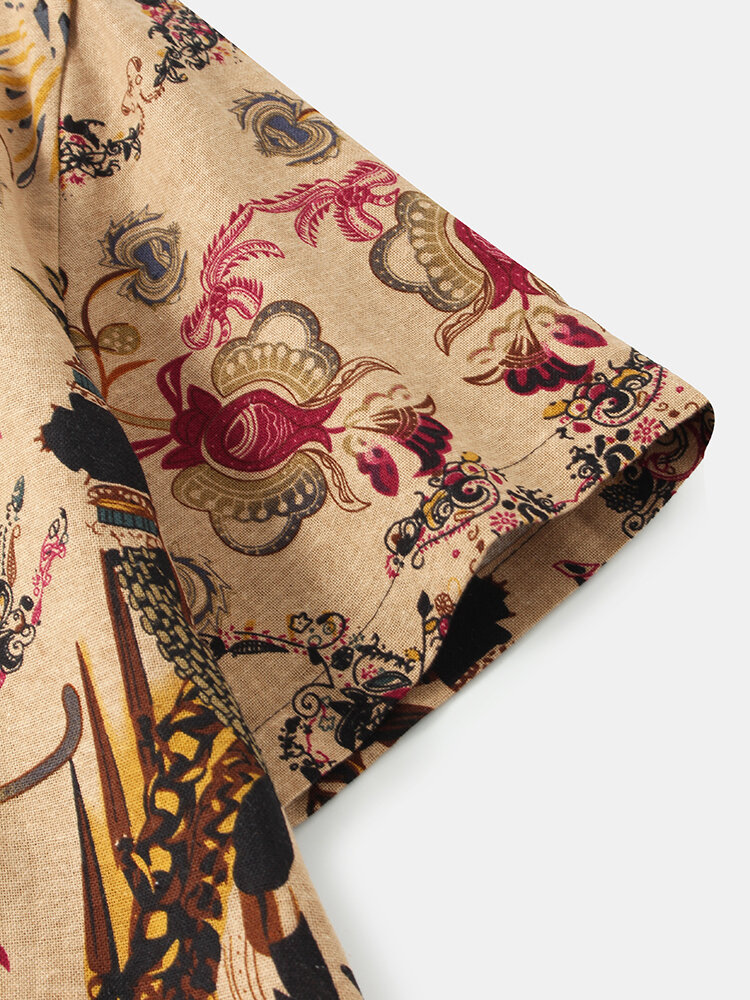 
	Mens Thin & Breathable Cotton Tribal Pattern Vintage Lapel Holiday Casual Shirt