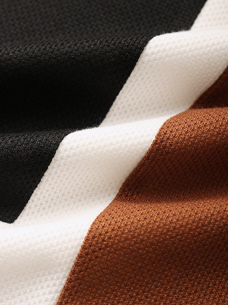 
	Mens Tricolor Knitted Lapel Short Sleeve Regular Hem Shirt