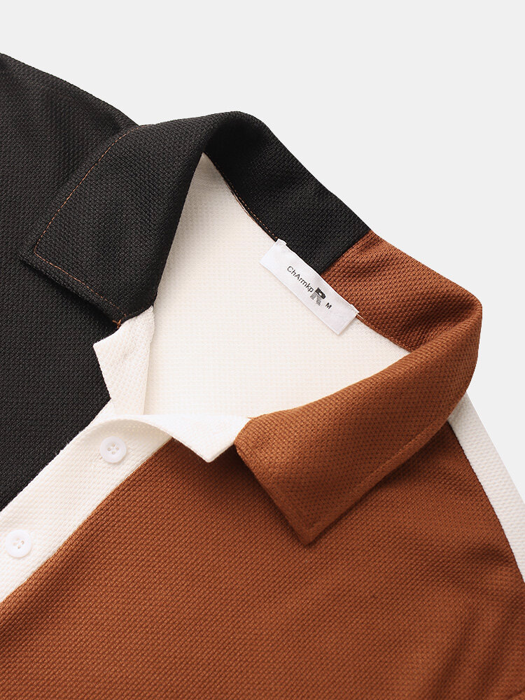 
	Mens Tricolor Knitted Lapel Short Sleeve Regular Hem Shirt