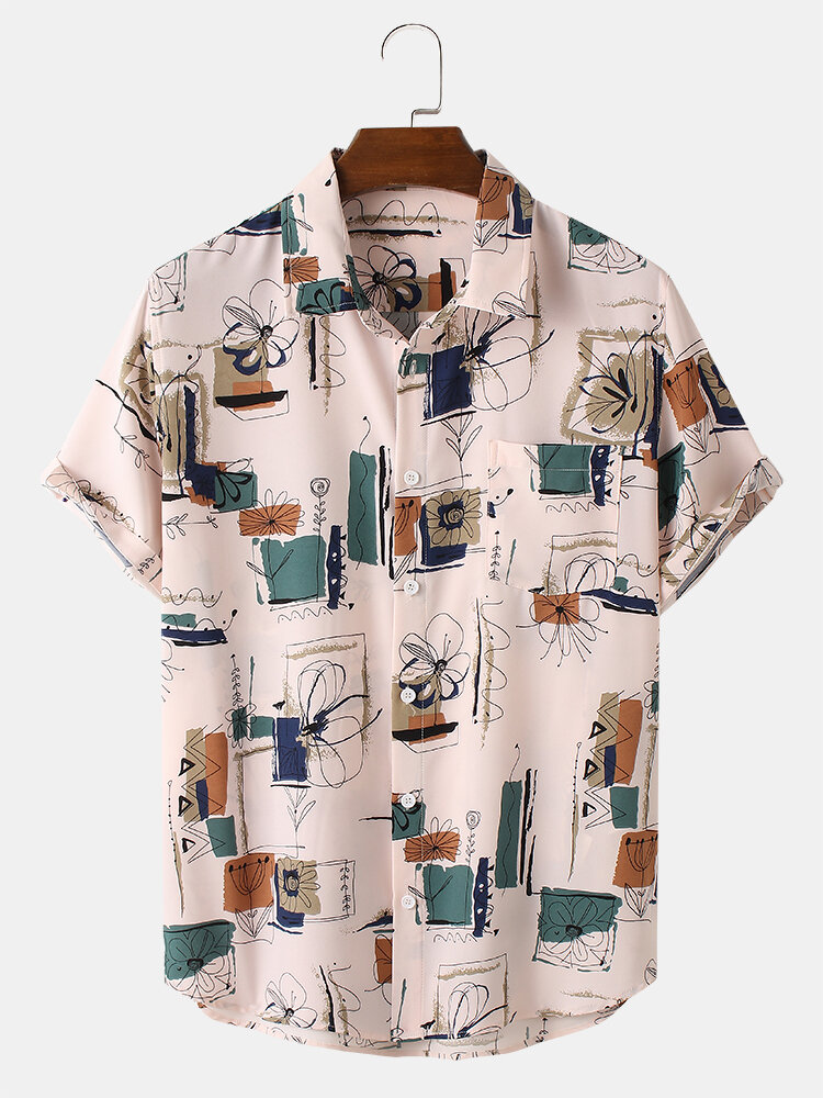 
	Mens Vintage Line Drawing Flower Print Street Short Sleeve Shirts