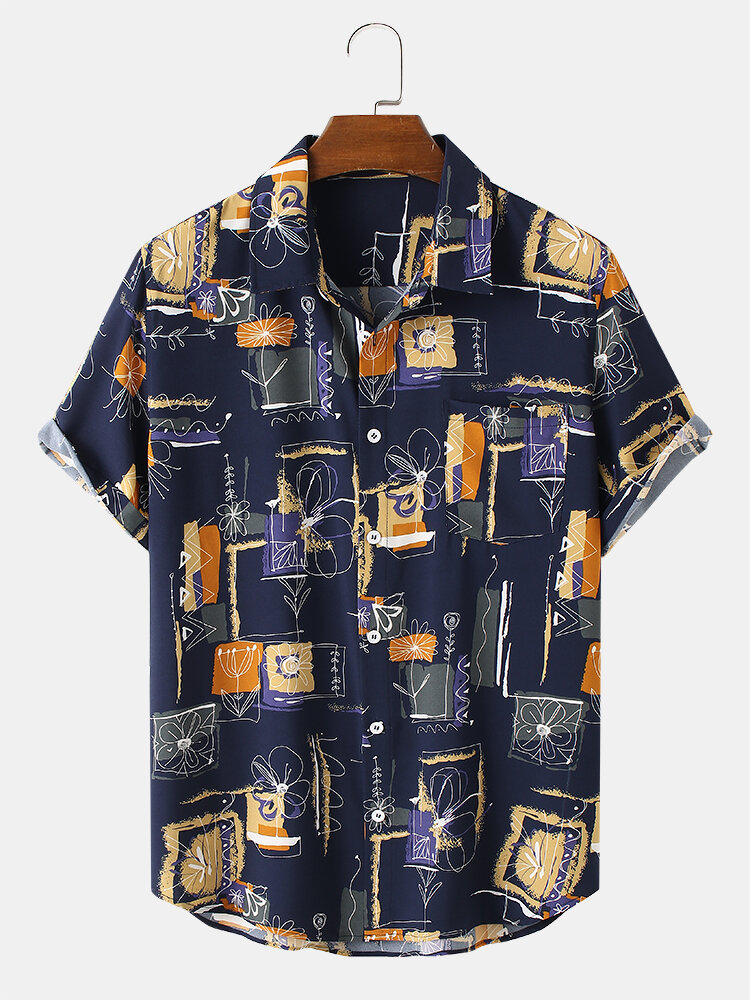 
	Mens Vintage Line Drawing Flower Print Street Short Sleeve Shirts